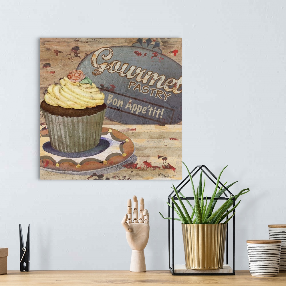 A bohemian room featuring Rustic sign for a bakery featuring a cupcake and the text Gourmet Pastry.