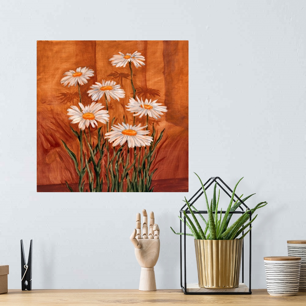 A bohemian room featuring Contemporary painting of a group of daisy flowers.