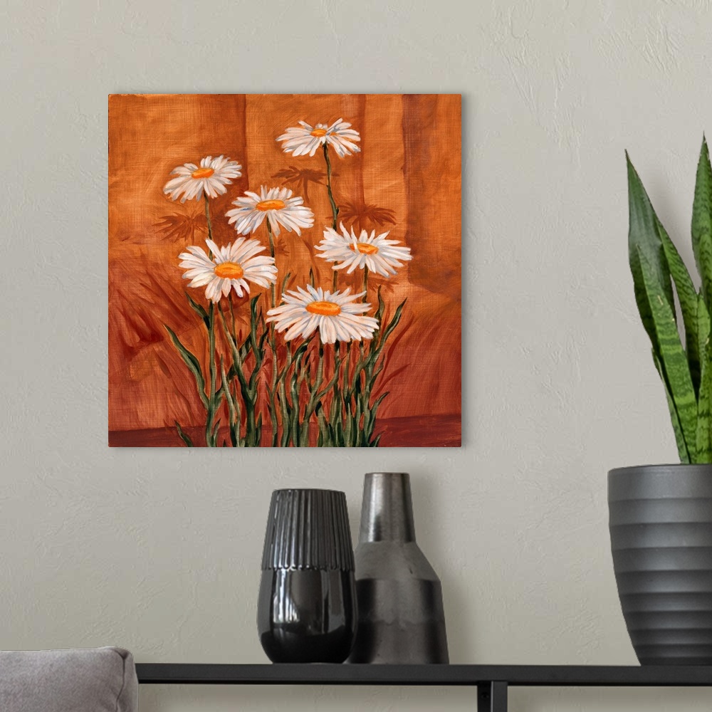 A modern room featuring Contemporary painting of a group of daisy flowers.