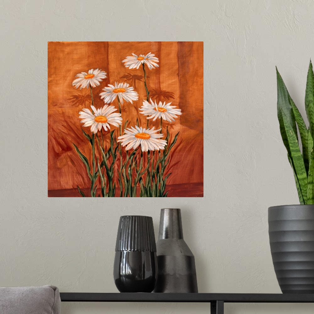 A modern room featuring Contemporary painting of a group of daisy flowers.