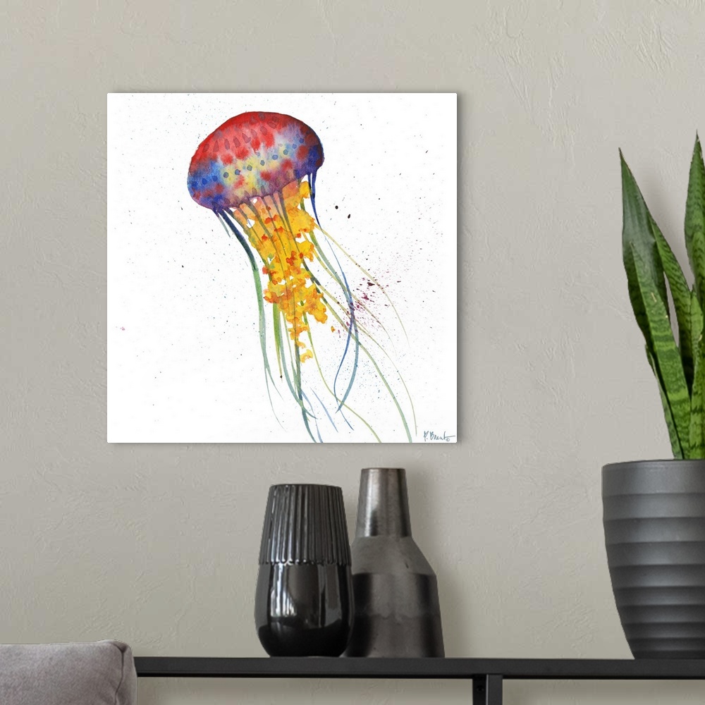 A modern room featuring Watercolor painting of a jellyfish with long tentacles.