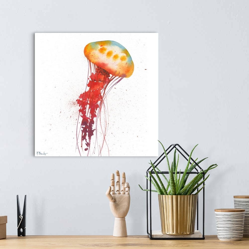 A bohemian room featuring Watercolor painting of a jellyfish with long tentacles.