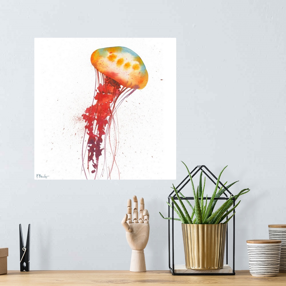 A bohemian room featuring Watercolor painting of a jellyfish with long tentacles.