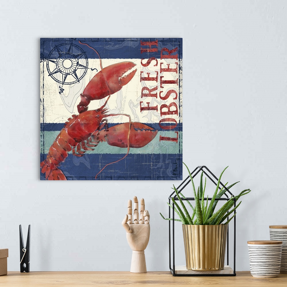 A bohemian room featuring Nautical panel featuring a painting of a lobster with a compass rose graphic element, and the tex...