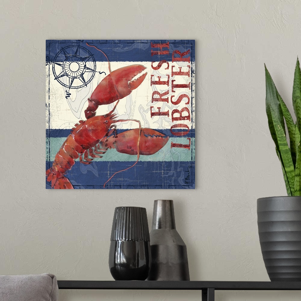 A modern room featuring Nautical panel featuring a painting of a lobster with a compass rose graphic element, and the tex...