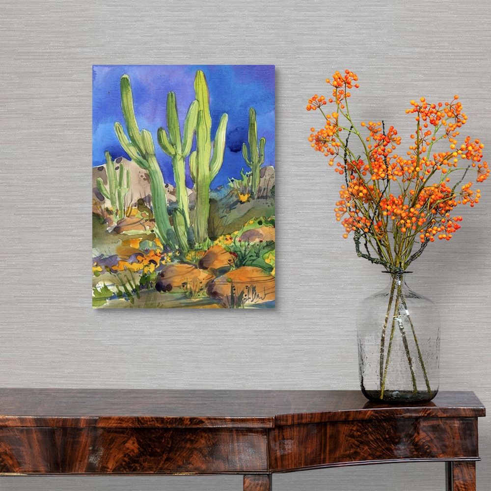 A traditional room featuring Watercolor painting of saguaro cacti in a rocky desert.