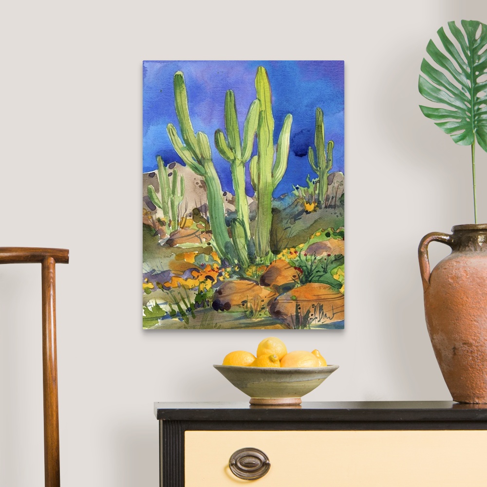 A traditional room featuring Watercolor painting of saguaro cacti in a rocky desert.