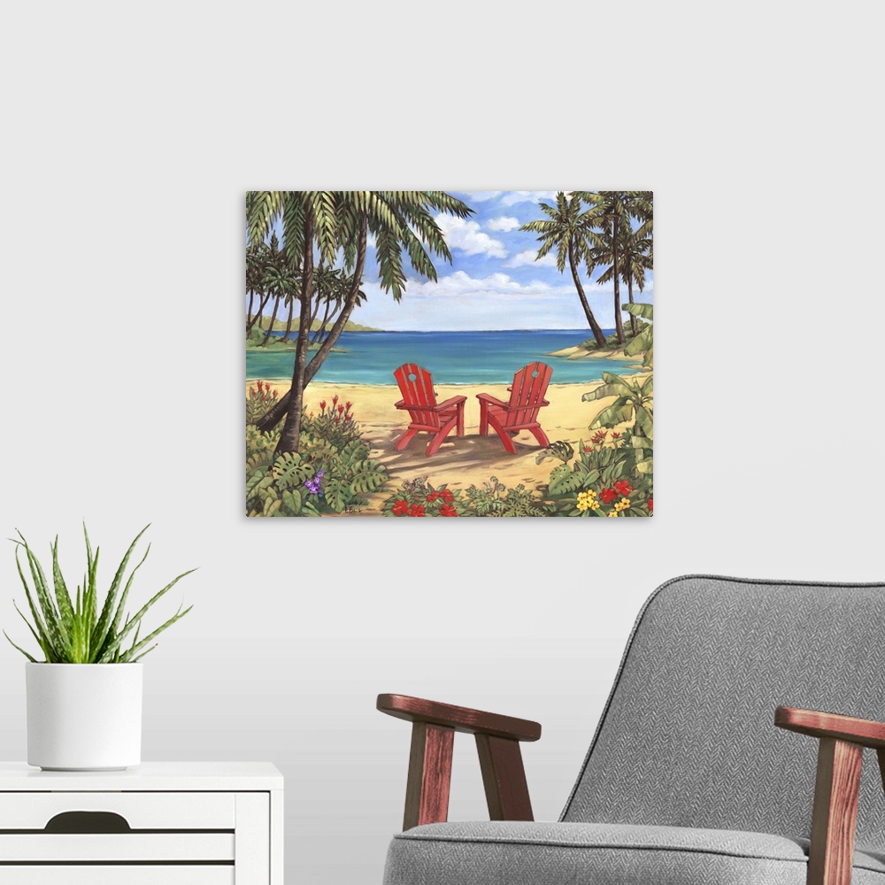 A modern room featuring Contemporary painting of two adirondack chairs on the beach, surrounded by palm trees.