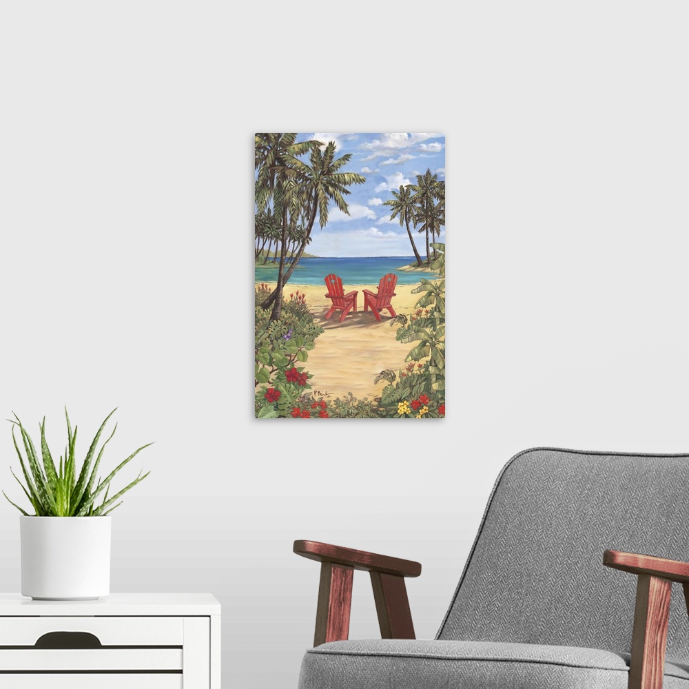 A modern room featuring Contemporary painting of two adirondack chairs on the beach, surrounded by palm trees.