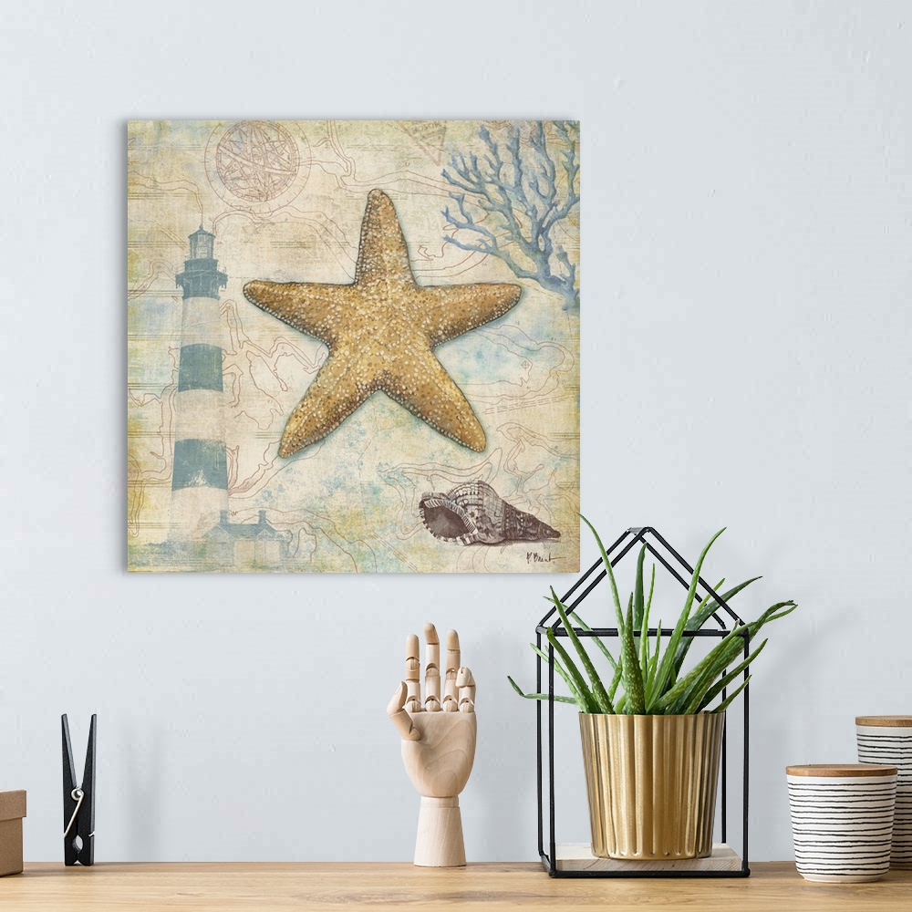 A bohemian room featuring Decorative panel made of different nautical elements including a starfish, a lighthouse, and coral.