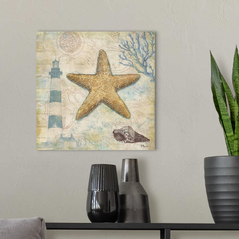 A modern room featuring Decorative panel made of different nautical elements including a starfish, a lighthouse, and coral.