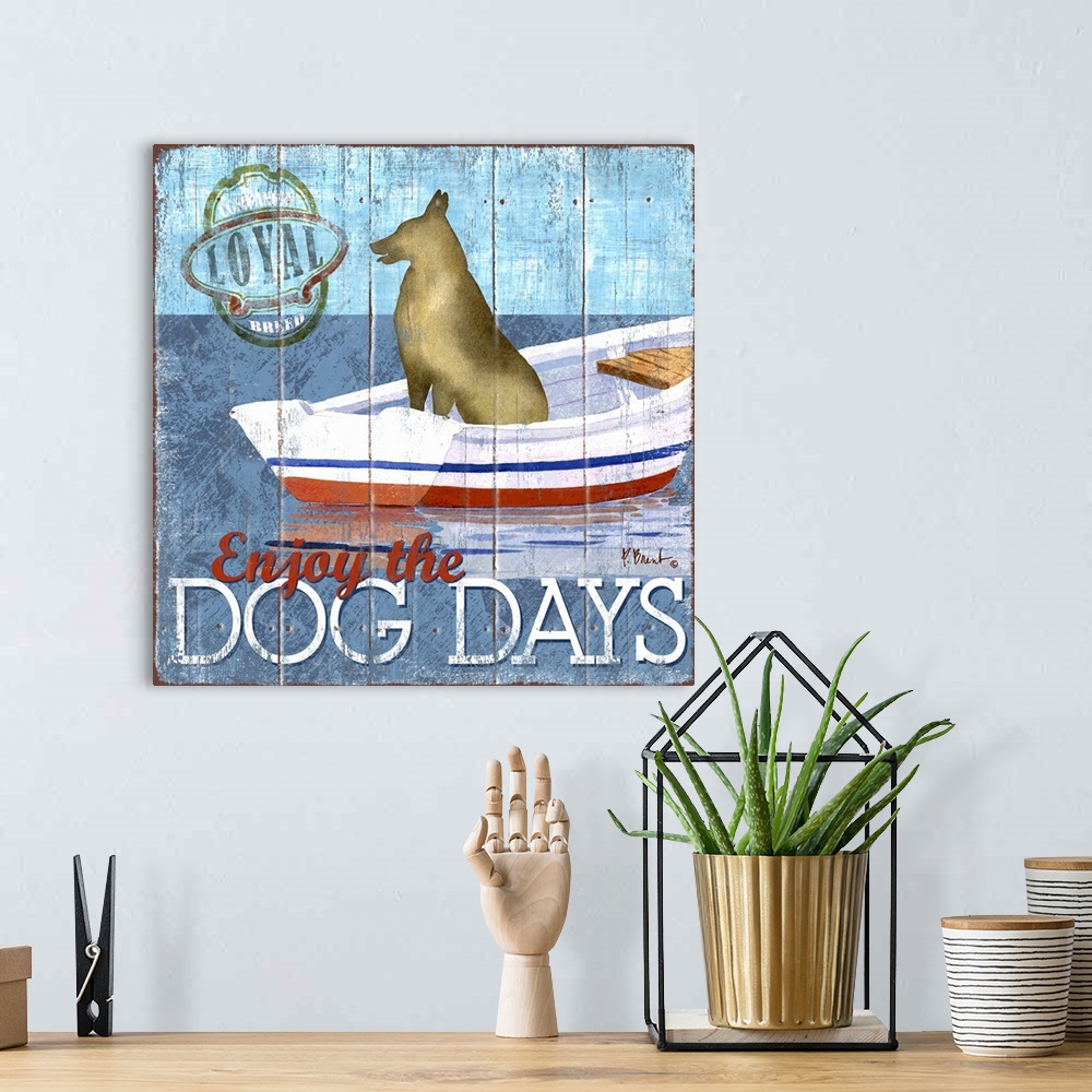 A bohemian room featuring Contemporary decorative artwork of a German Shepherd dog on a boat with the words "Enjoy the Dog ...