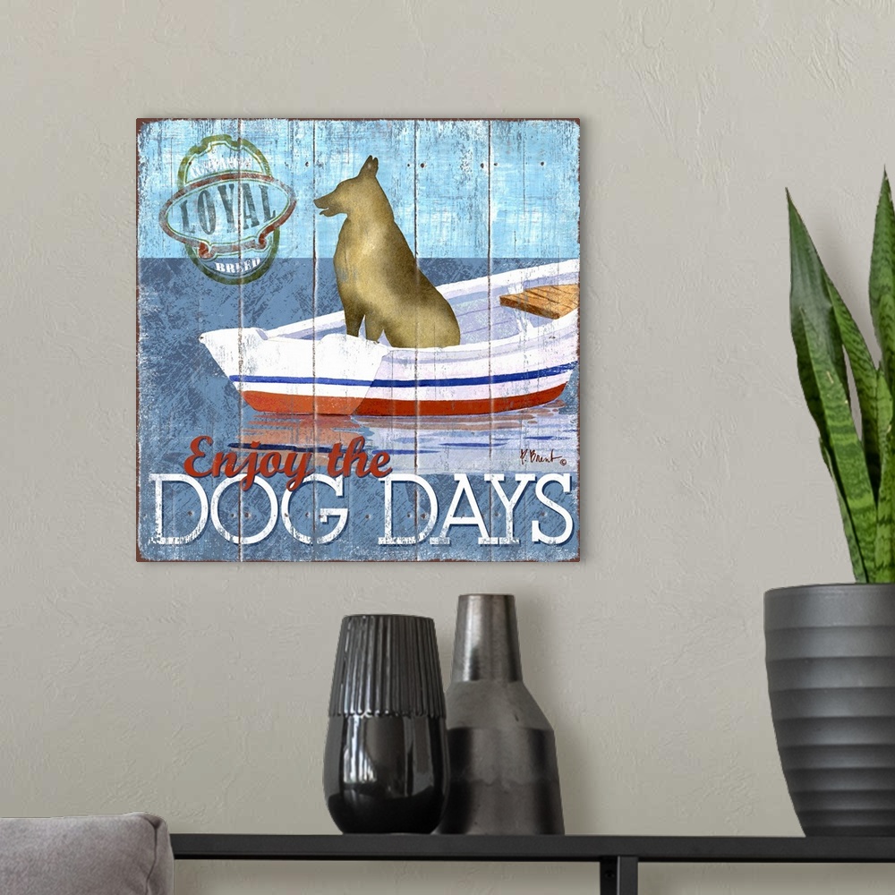A modern room featuring Contemporary decorative artwork of a German Shepherd dog on a boat with the words "Enjoy the Dog ...