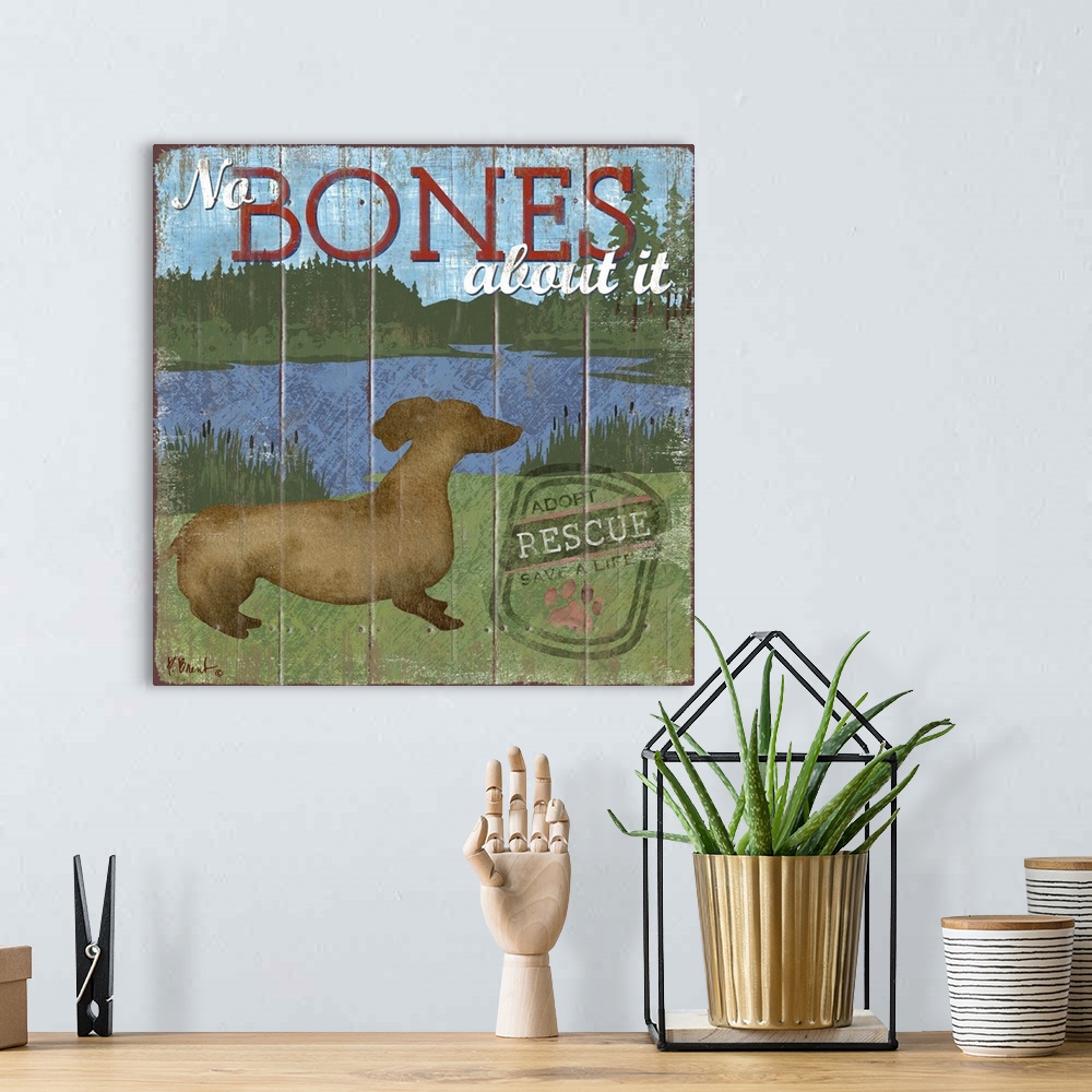 A bohemian room featuring Contemporary decorative artwork of a dachshund dog on a boat with the words "no bones about it."