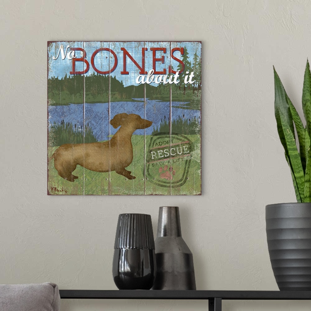 A modern room featuring Contemporary decorative artwork of a dachshund dog on a boat with the words "no bones about it."