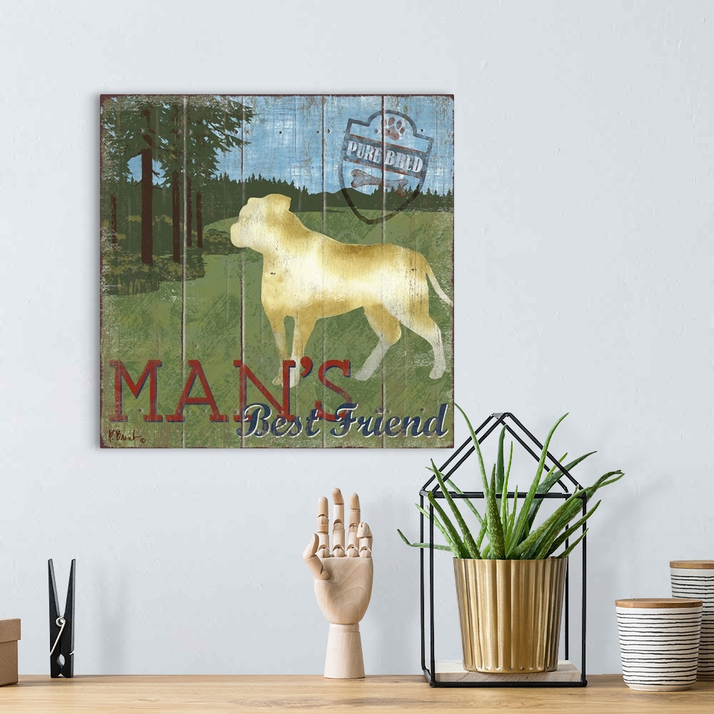 A bohemian room featuring Contemporary decorative artwork of a pit bull dog on a boat with the words "Man's Best Friend."