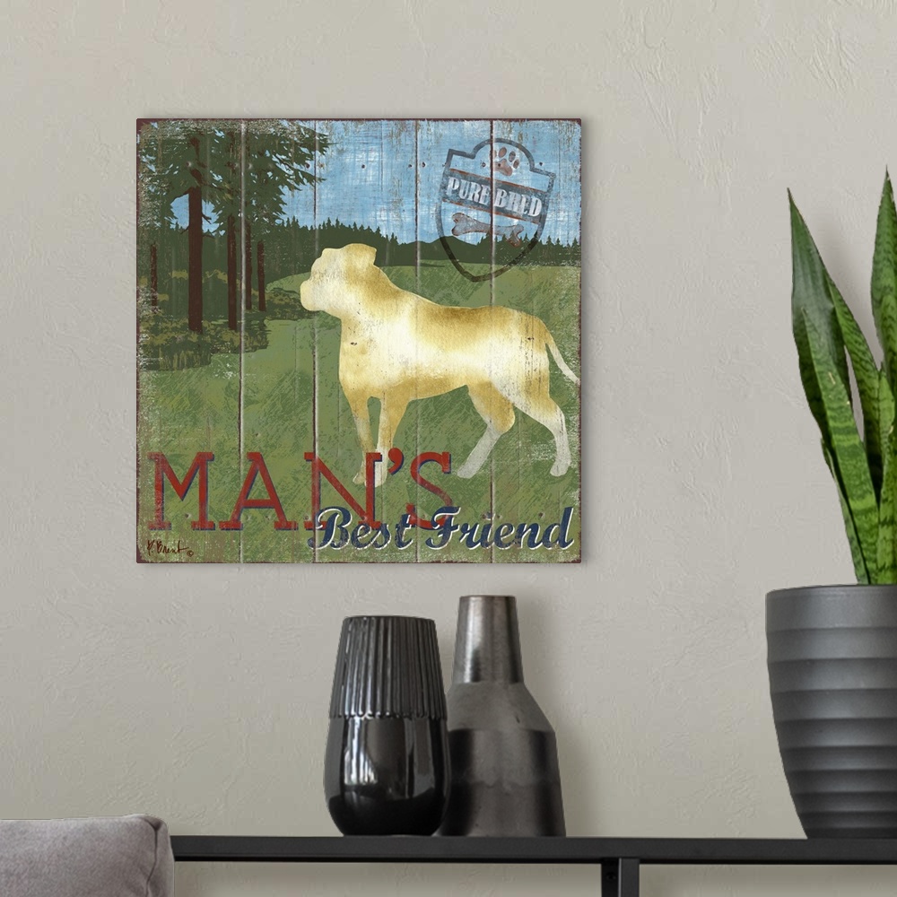 A modern room featuring Contemporary decorative artwork of a pit bull dog on a boat with the words "Man's Best Friend."