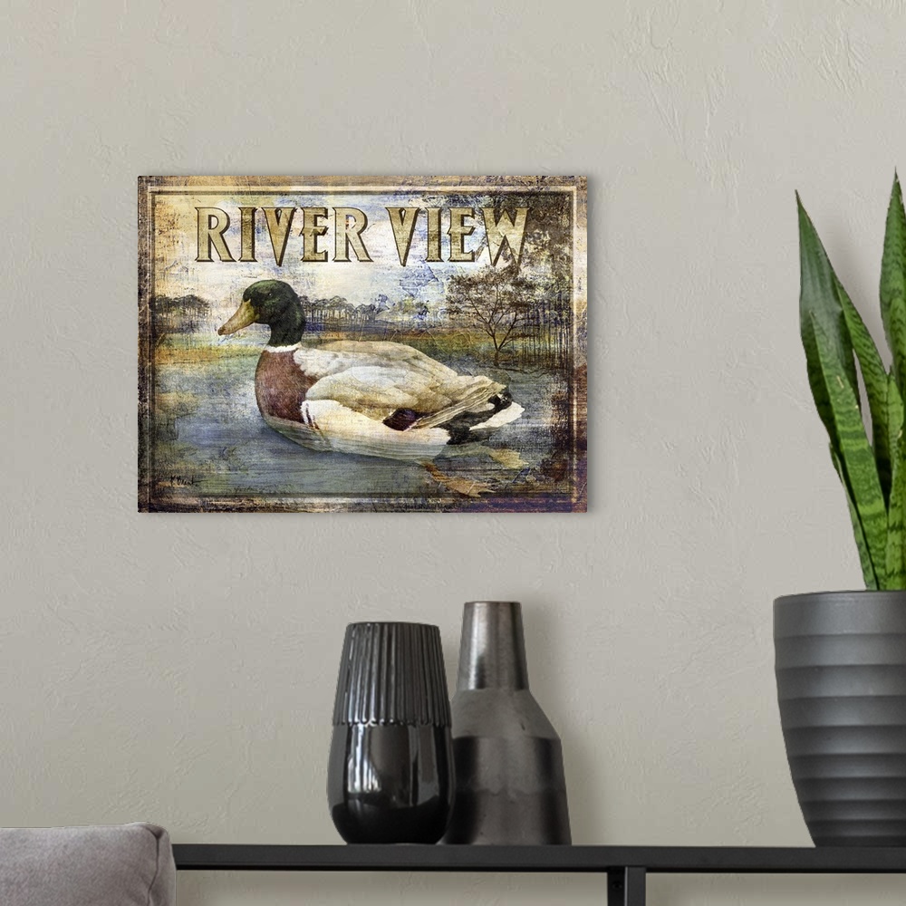 A modern room featuring Textured sign with a mallard duck drake in a river with the text River View.