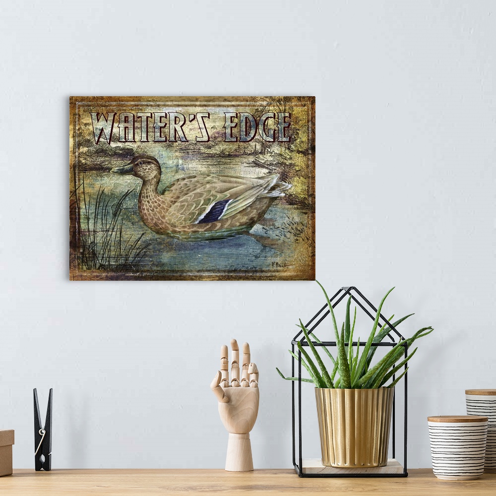 A bohemian room featuring Textured sign with a mallard duck in a river with the text Water's Edge.