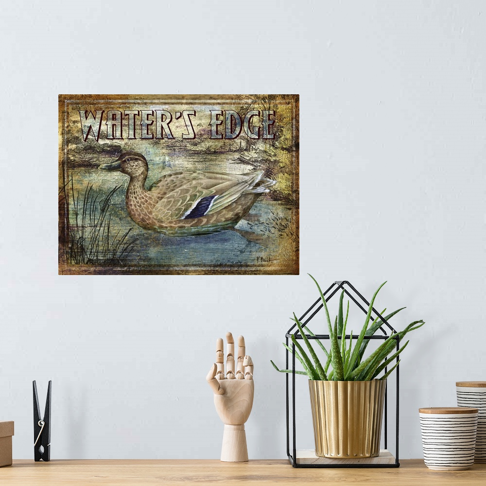 A bohemian room featuring Textured sign with a mallard duck in a river with the text Water's Edge.