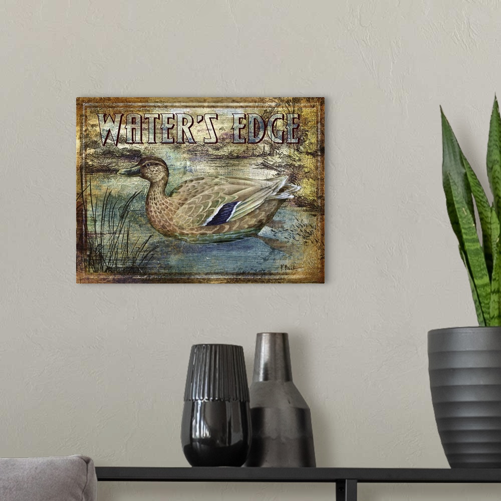 A modern room featuring Textured sign with a mallard duck in a river with the text Water's Edge.