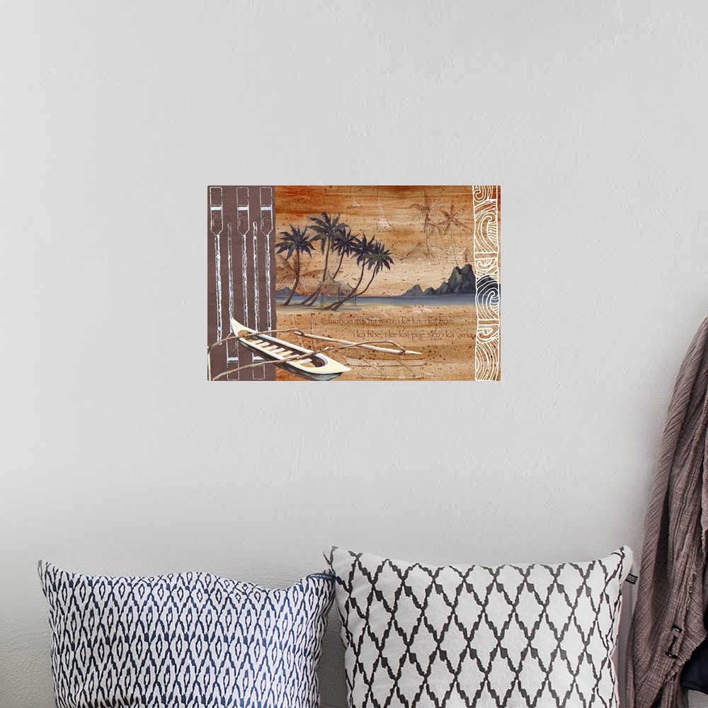 A bohemian room featuring Mixed media artwork featuring paddle graphics, palm trees, and an outrigger canoe.