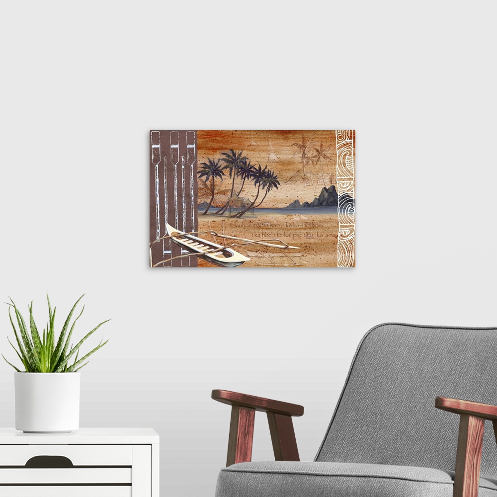 A modern room featuring Mixed media artwork featuring paddle graphics, palm trees, and an outrigger canoe.