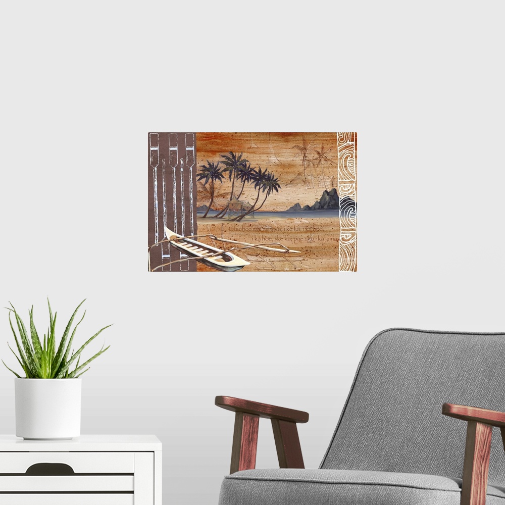 A modern room featuring Mixed media artwork featuring paddle graphics, palm trees, and an outrigger canoe.
