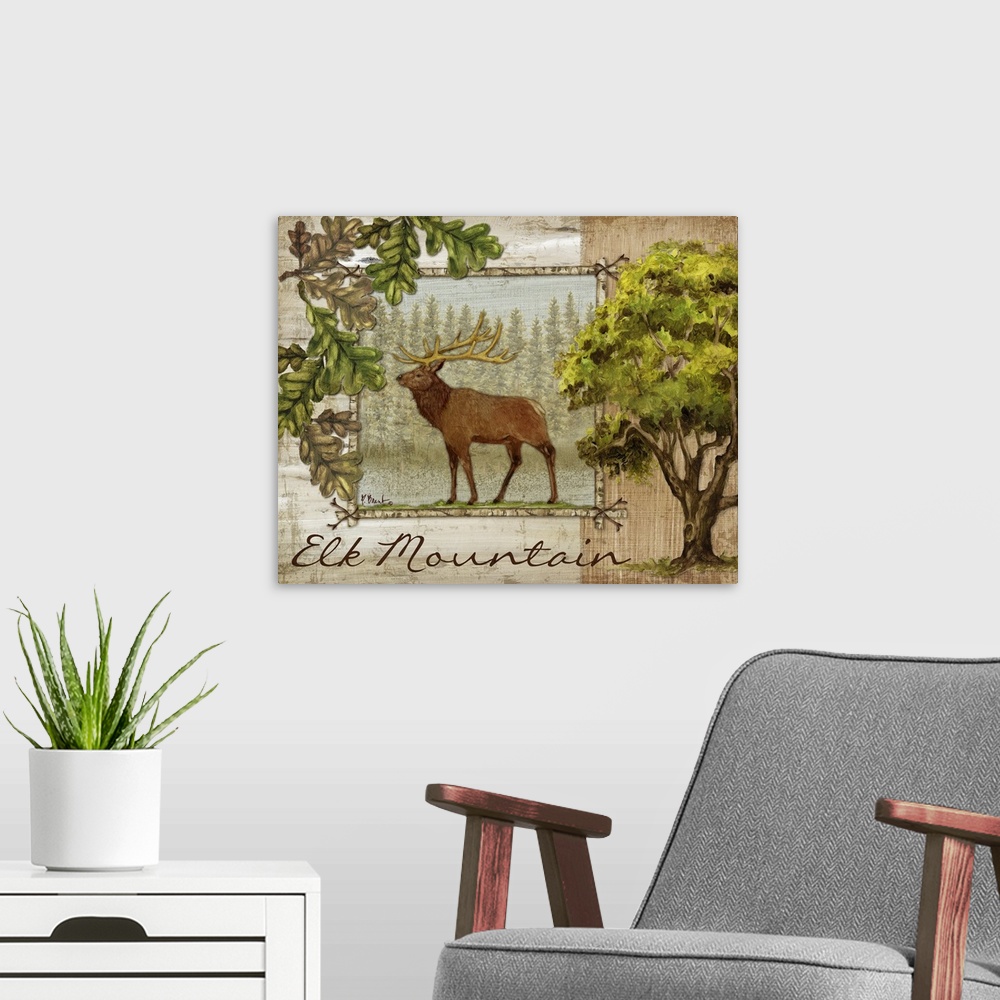 A modern room featuring Decorative artwork of an elk in a frame, with oak leaves, acorns, and the words Elk Mountain