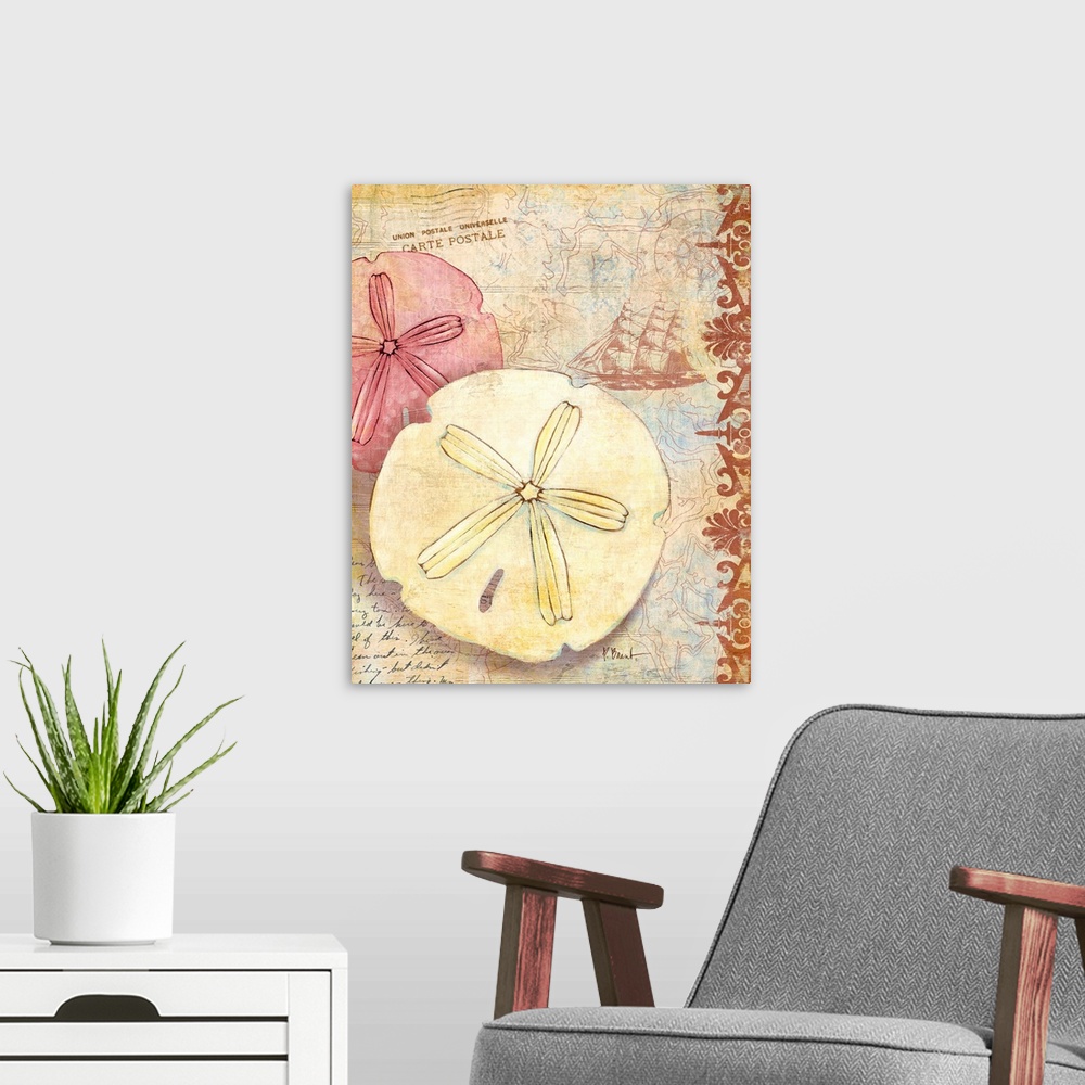 A modern room featuring Vintage style decorative panel of a pair of sand dollars with a post mark and stamp.
