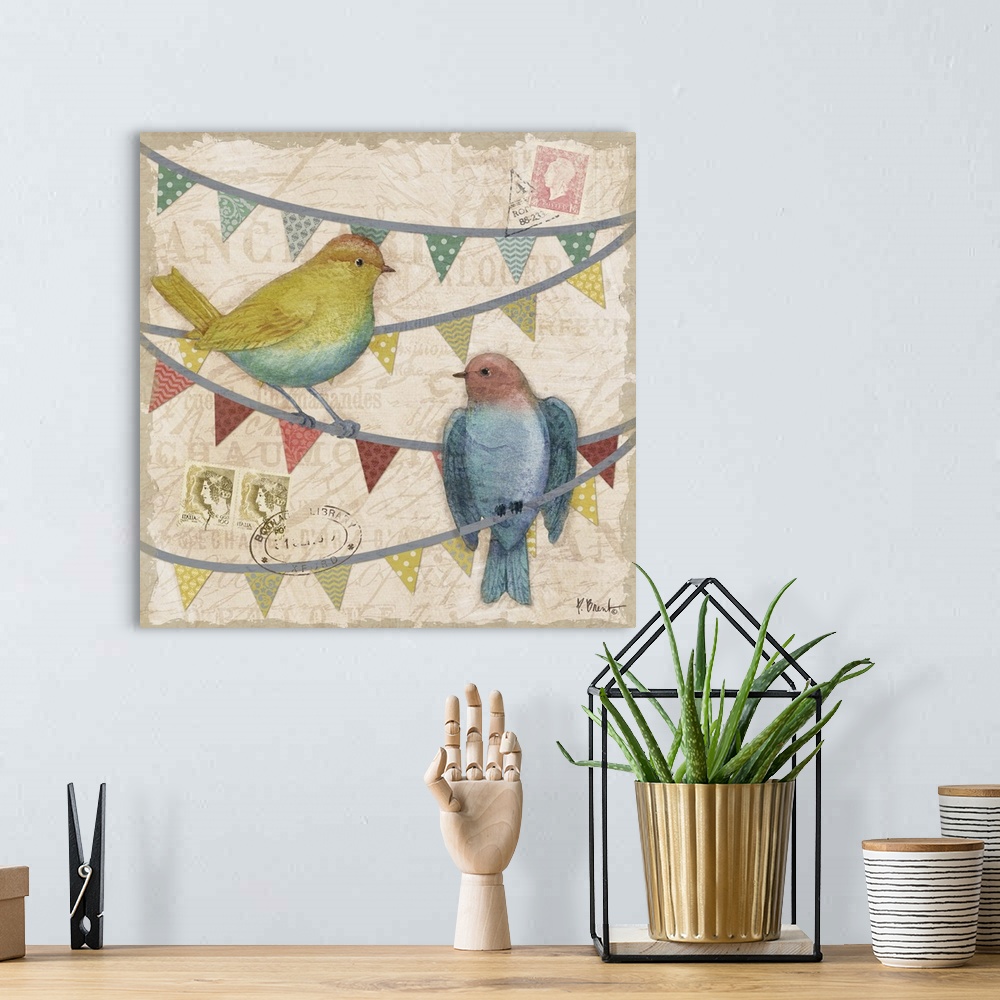 A bohemian room featuring Painting of a pair of birds perching on triangle bunting, with postage stamps and faded vintage t...