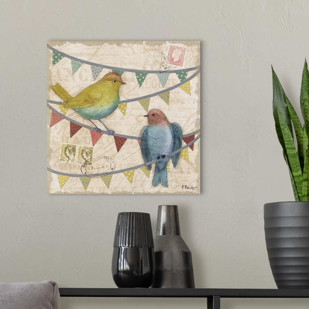 A modern room featuring Painting of a pair of birds perching on triangle bunting, with postage stamps and faded vintage t...