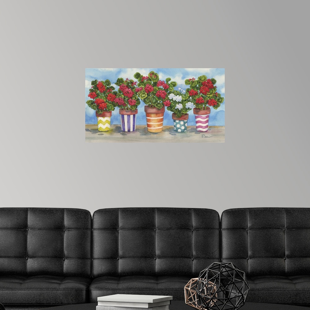 A modern room featuring Five geraniums in a row in decorated pots.