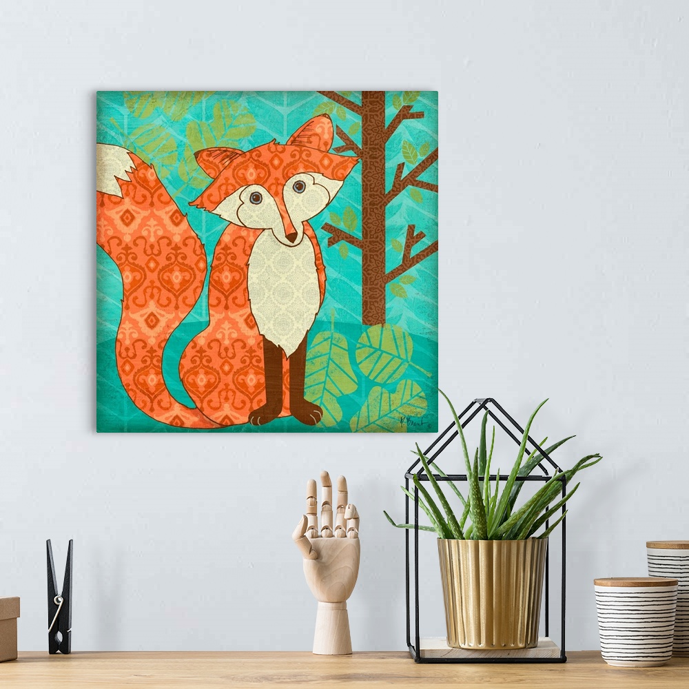 A bohemian room featuring Cute, decorative artwork of a little fox in the woods made with retro patterns.
