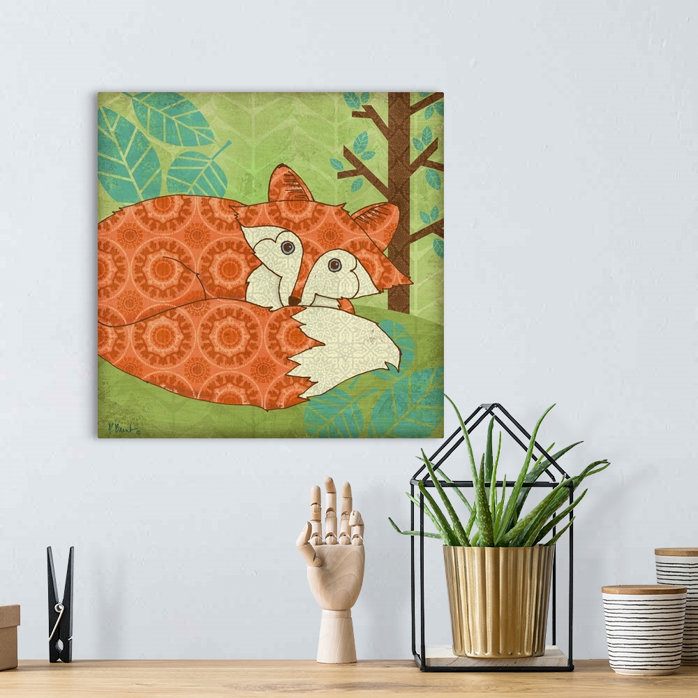 A bohemian room featuring Cute, decorative artwork of a little fox in the woods made with retro patterns.