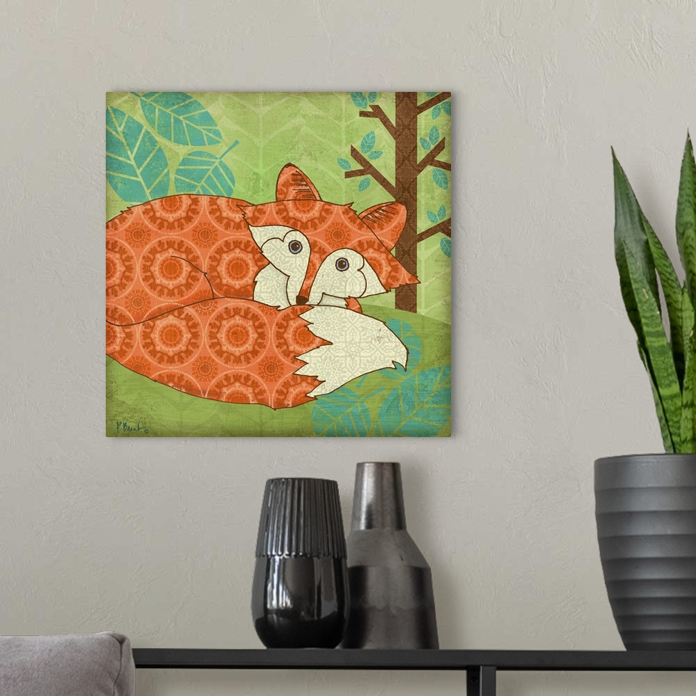 A modern room featuring Cute, decorative artwork of a little fox in the woods made with retro patterns.