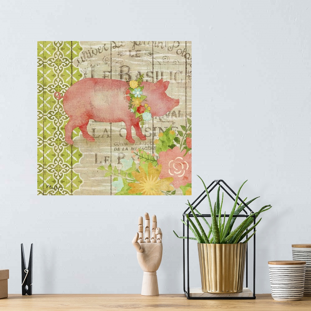 A bohemian room featuring Silhouette of a pig with floral embellishments on wood panels.