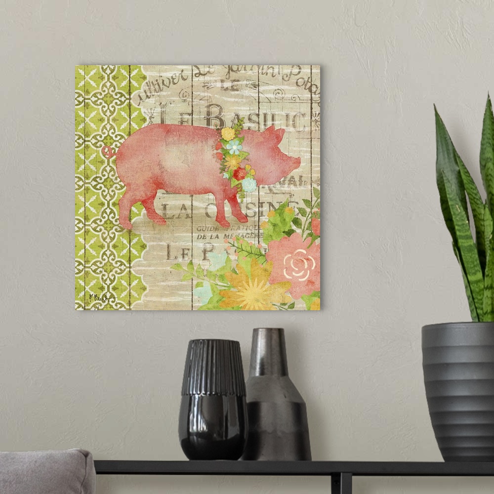 A modern room featuring Silhouette of a pig with floral embellishments on wood panels.