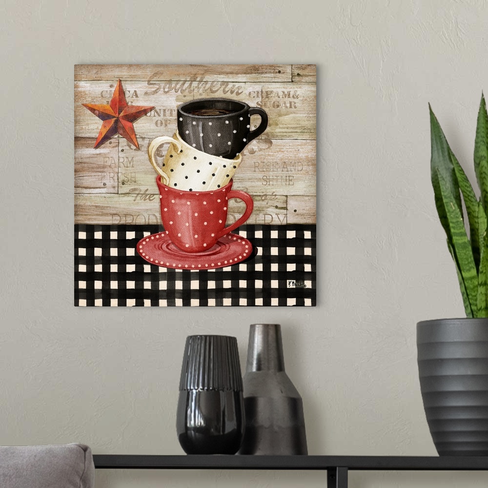 A modern room featuring Square decor with red, white, and black stacked coffee cups with a farmhouse feel.