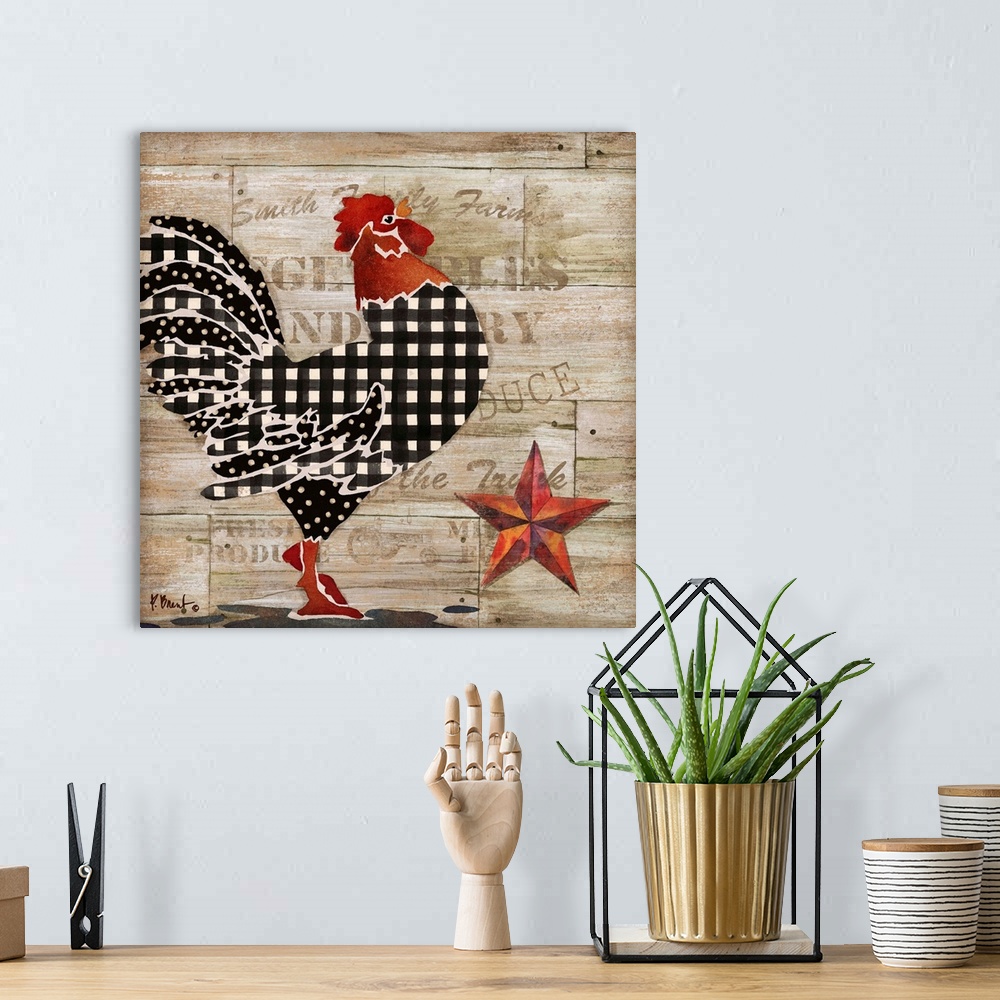 A bohemian room featuring Square kitchen decor with an illustration of a rooster on a wooden produce box background with wr...