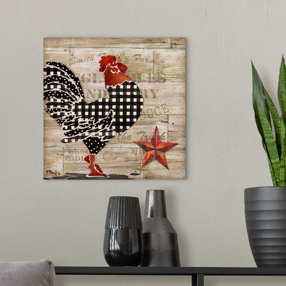A modern room featuring Square kitchen decor with an illustration of a rooster on a wooden produce box background with wr...