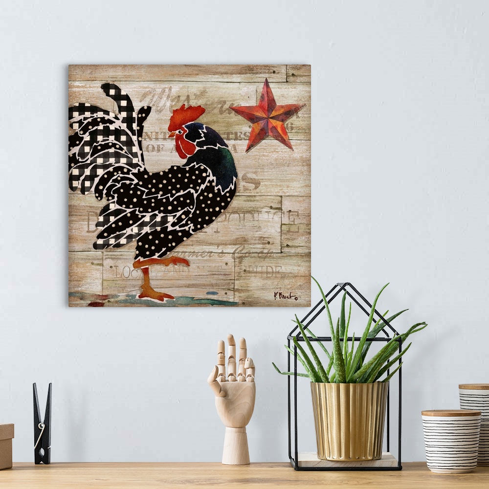 A bohemian room featuring Square kitchen decor with an illustration of a rooster on a wooden produce box background with wr...