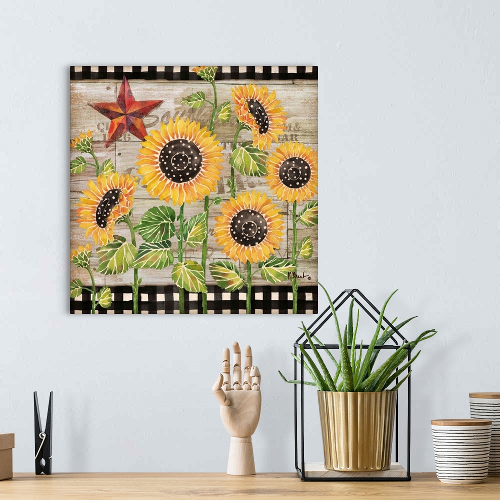 A bohemian room featuring Square decor with painted sunflowers on a faux wood background with a black and white checkered p...