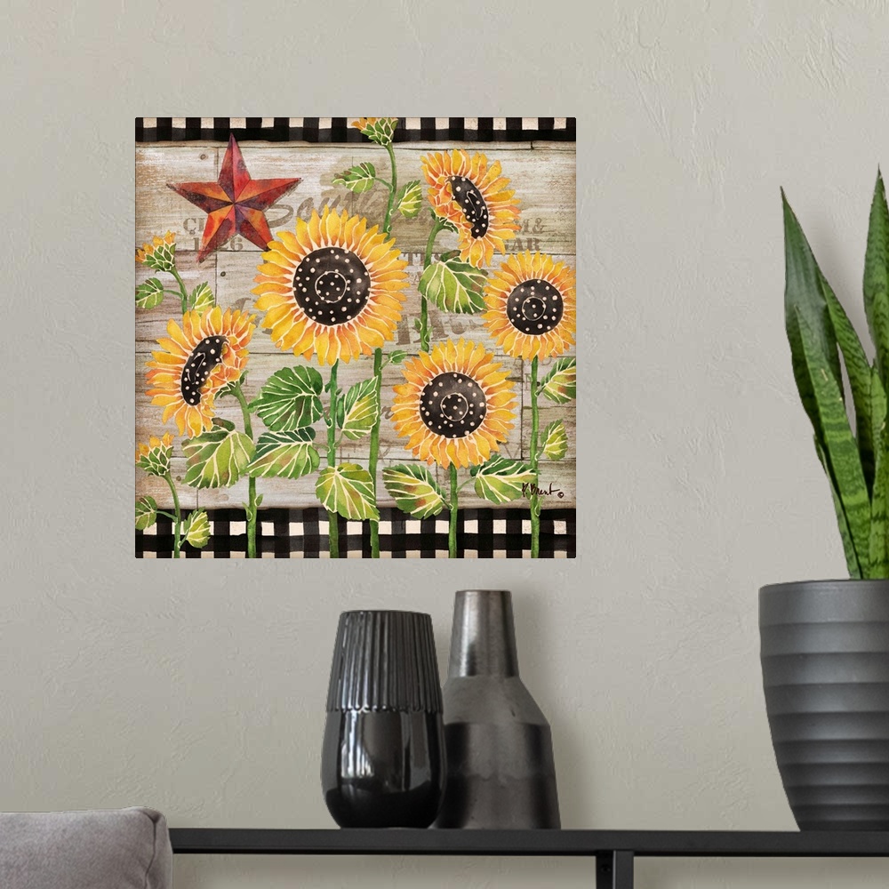 A modern room featuring Square decor with painted sunflowers on a faux wood background with a black and white checkered p...