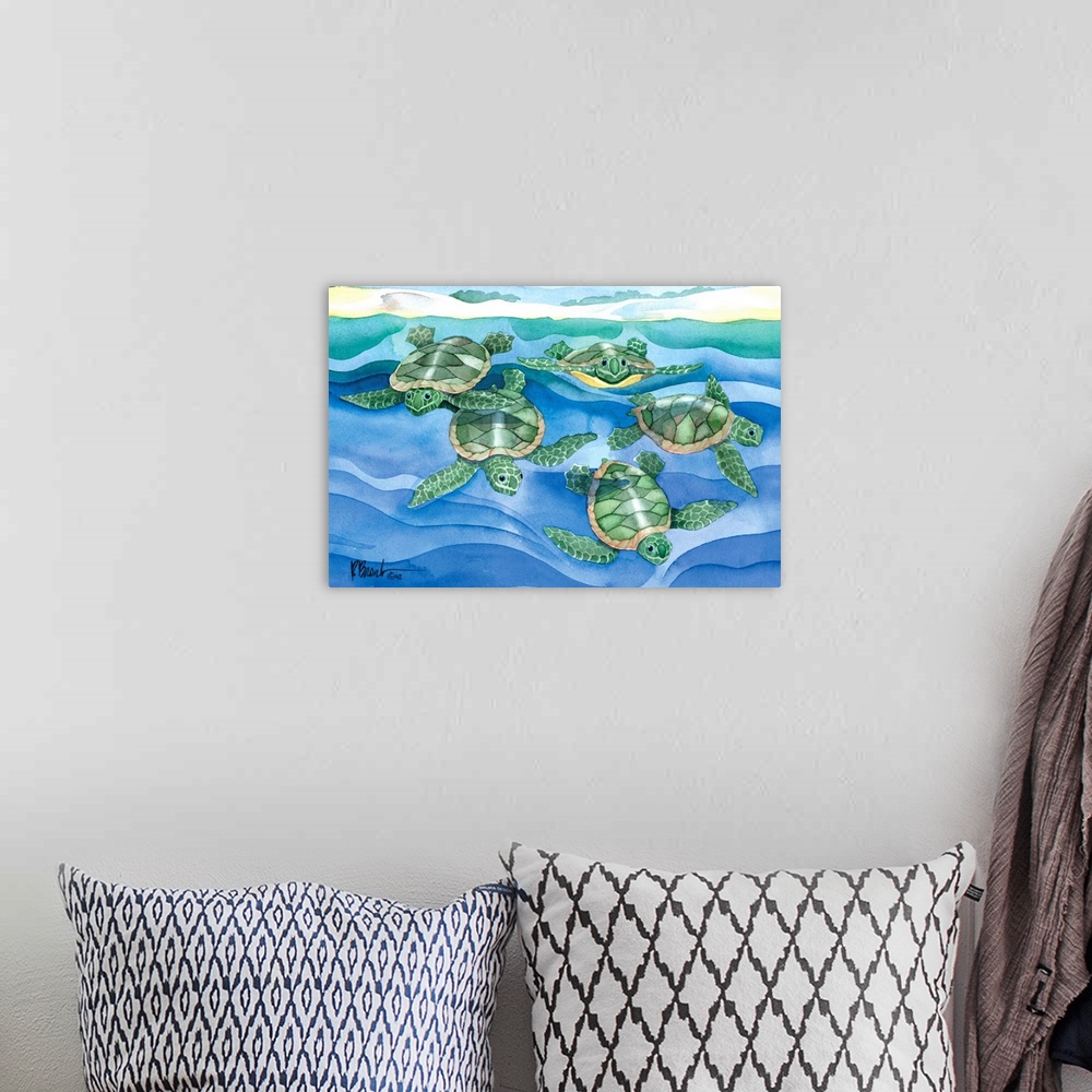 A bohemian room featuring Watercolor painting of a group of sea turtle hatchlings swimming in the ocean.