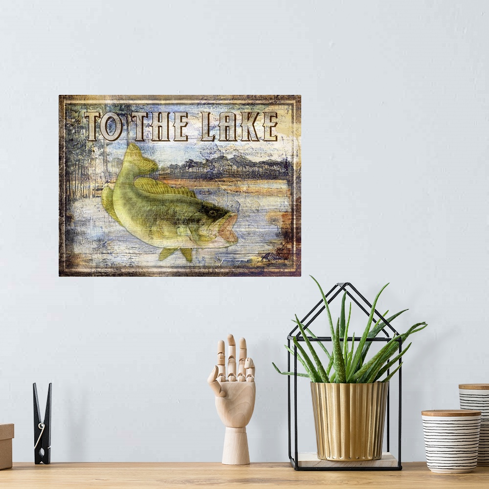 A bohemian room featuring Rustic fishing sign featuring a bass with the text To The Lake.