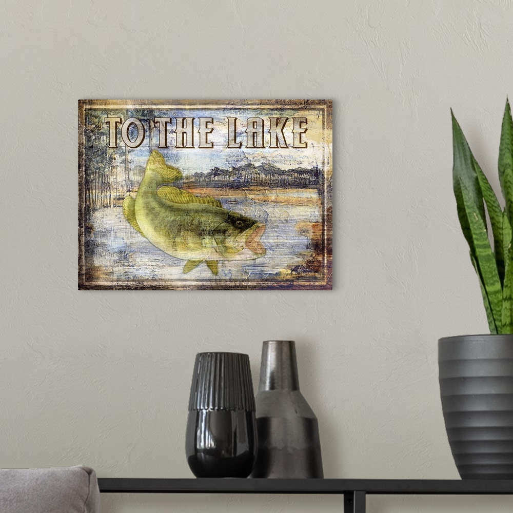 A modern room featuring Rustic fishing sign featuring a bass with the text To The Lake.