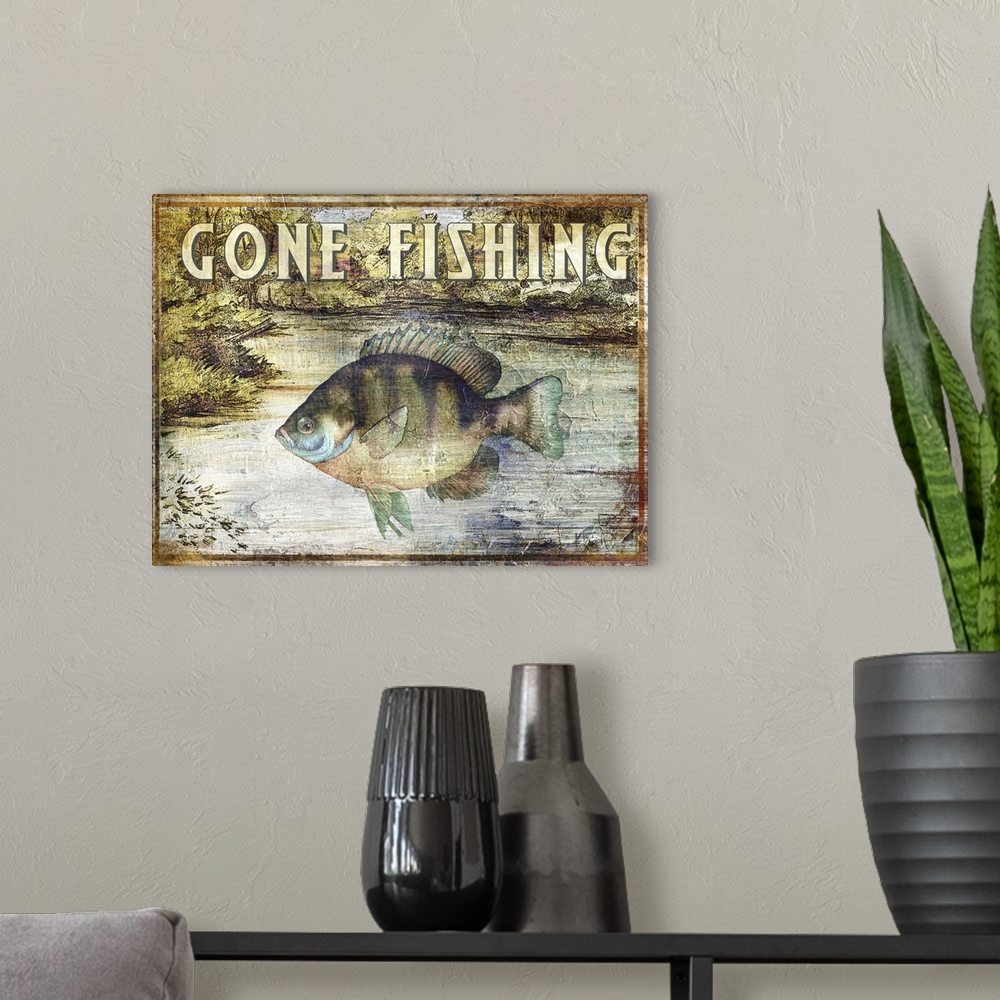 A modern room featuring Rustic fishing sign featuring a bluegill with the text Gone Fishing.