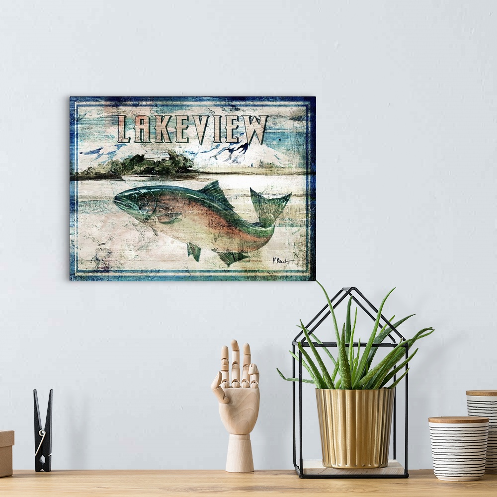 A bohemian room featuring Rustic fishing sign featuring a salmon with the text Lakeview.