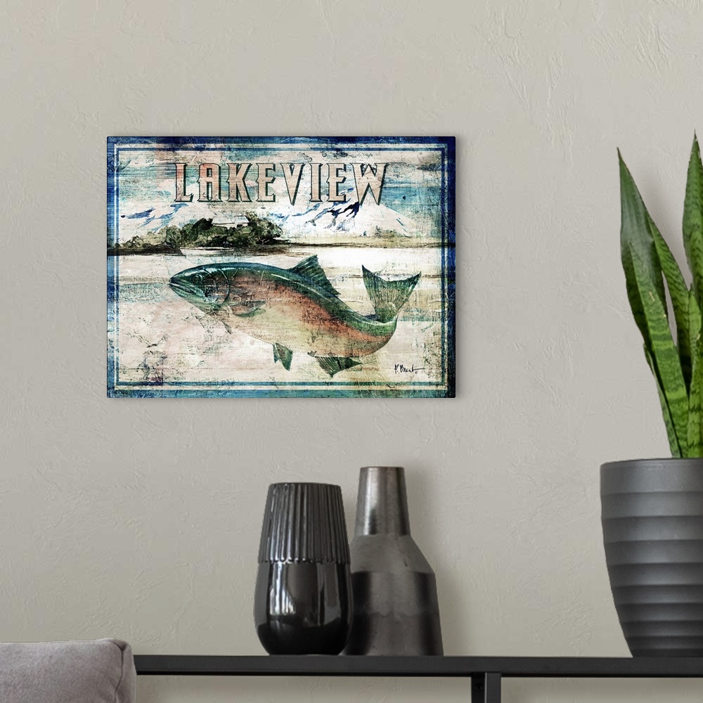 A modern room featuring Rustic fishing sign featuring a salmon with the text Lakeview.